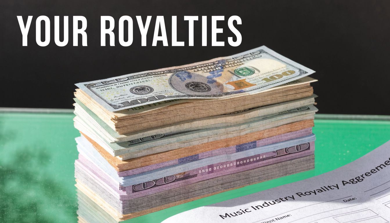 A thick stack of hundred-dollar bills resting next to a music industry royalty agreement document on table.