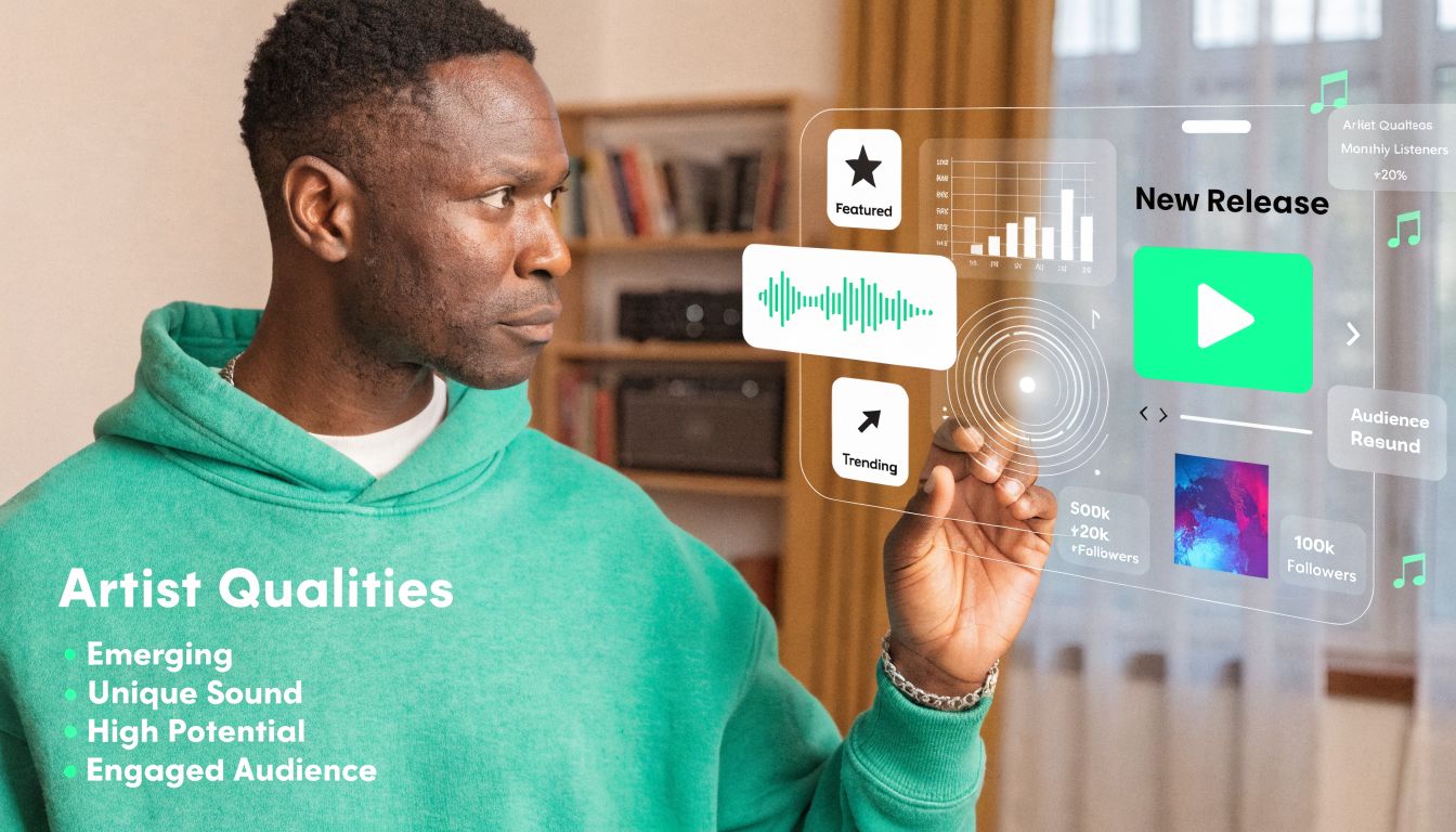 A man interacting with a digital holographic music interface displaying artist analytics and music streaming controls.