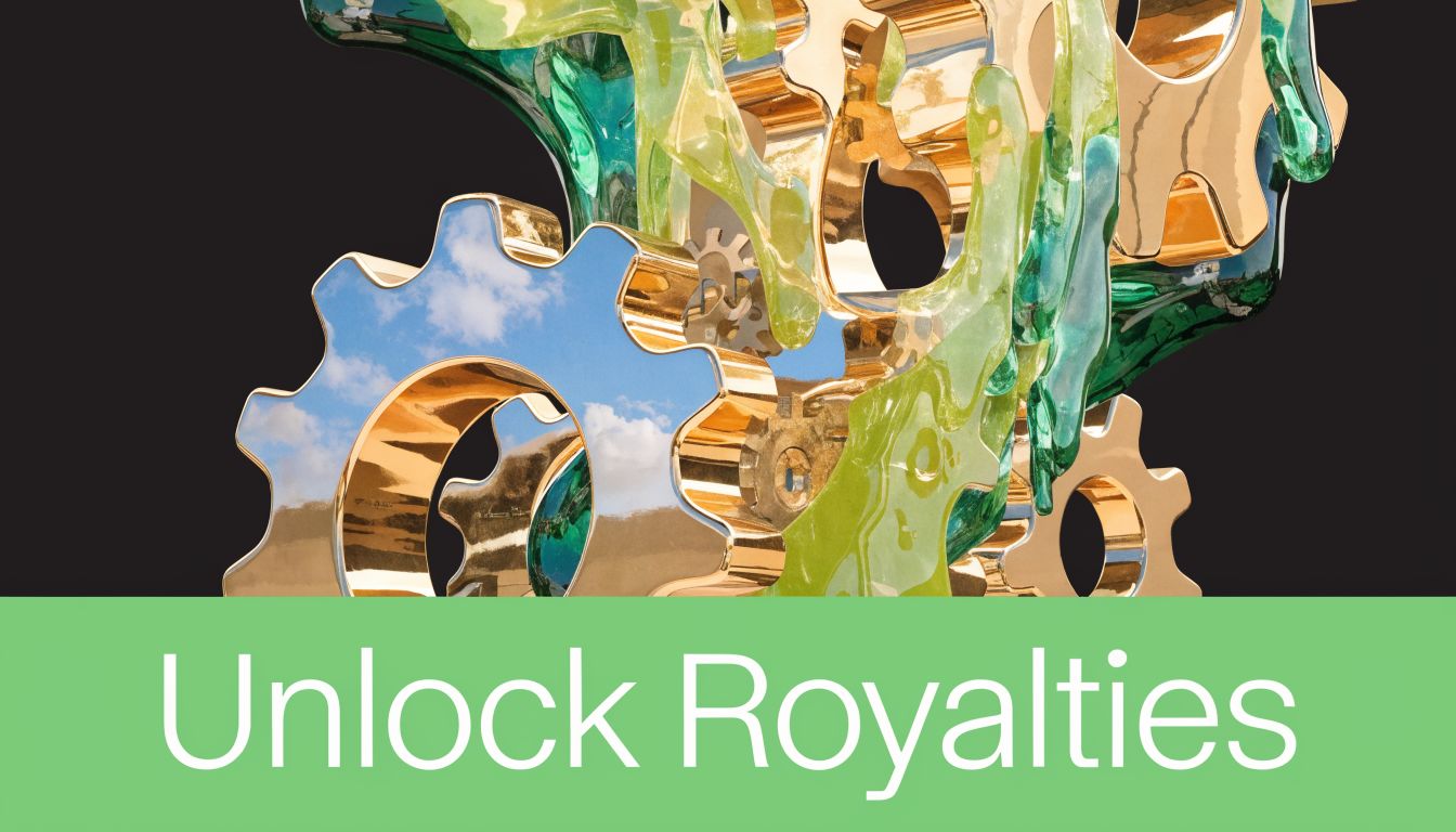A creative sculpture featuring gold mechanical gears entwined with translucent green melted glass on a black background.