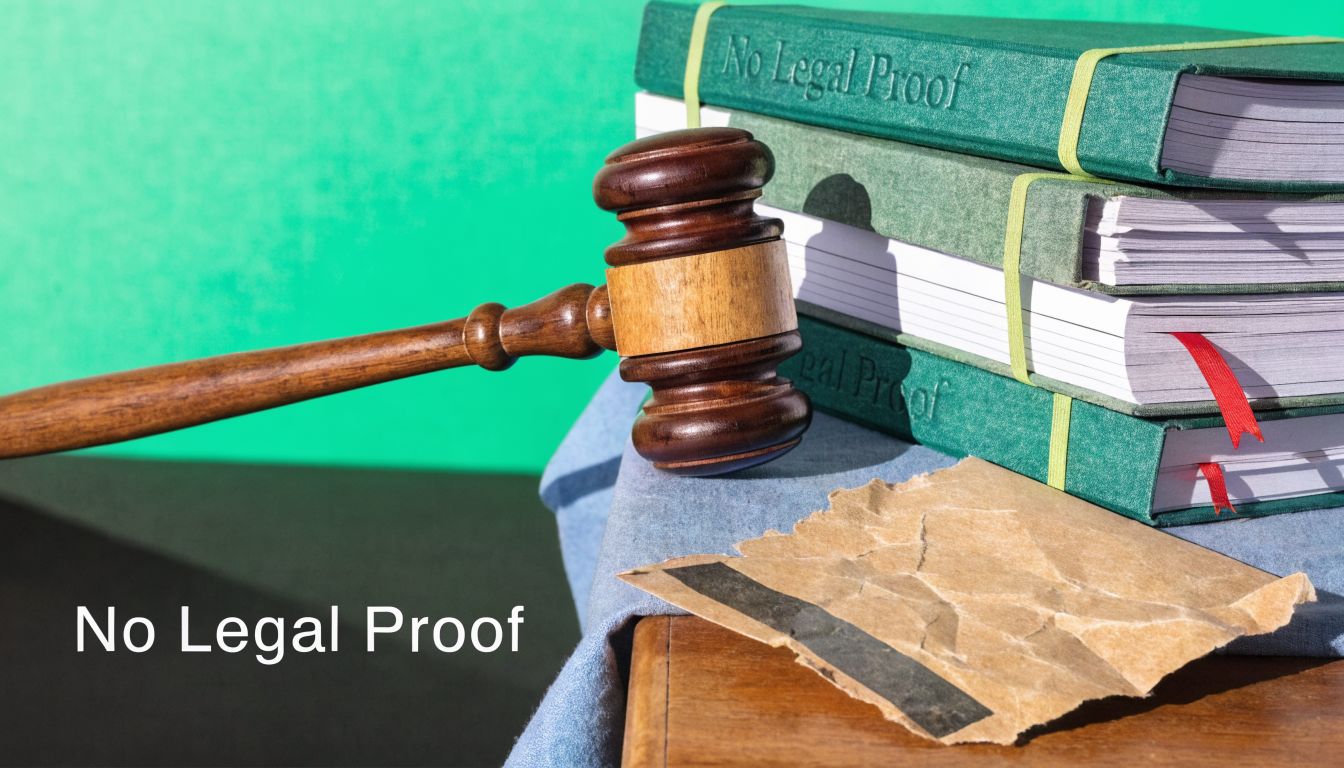 A wooden judge's gavel rests next to a stack of books labeled No Legal Proof on a table.