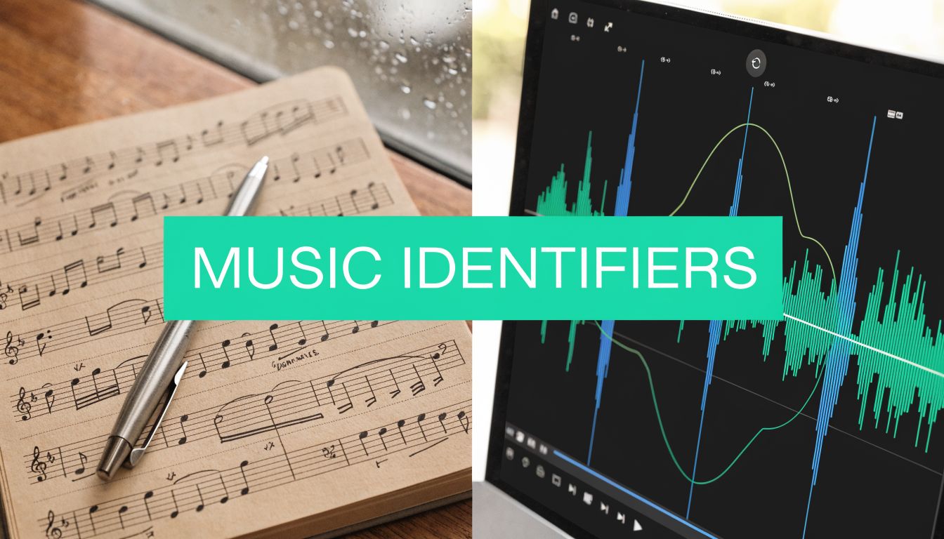 A split screen showing musical notation on paper with a pen and a digital audio waveform display.