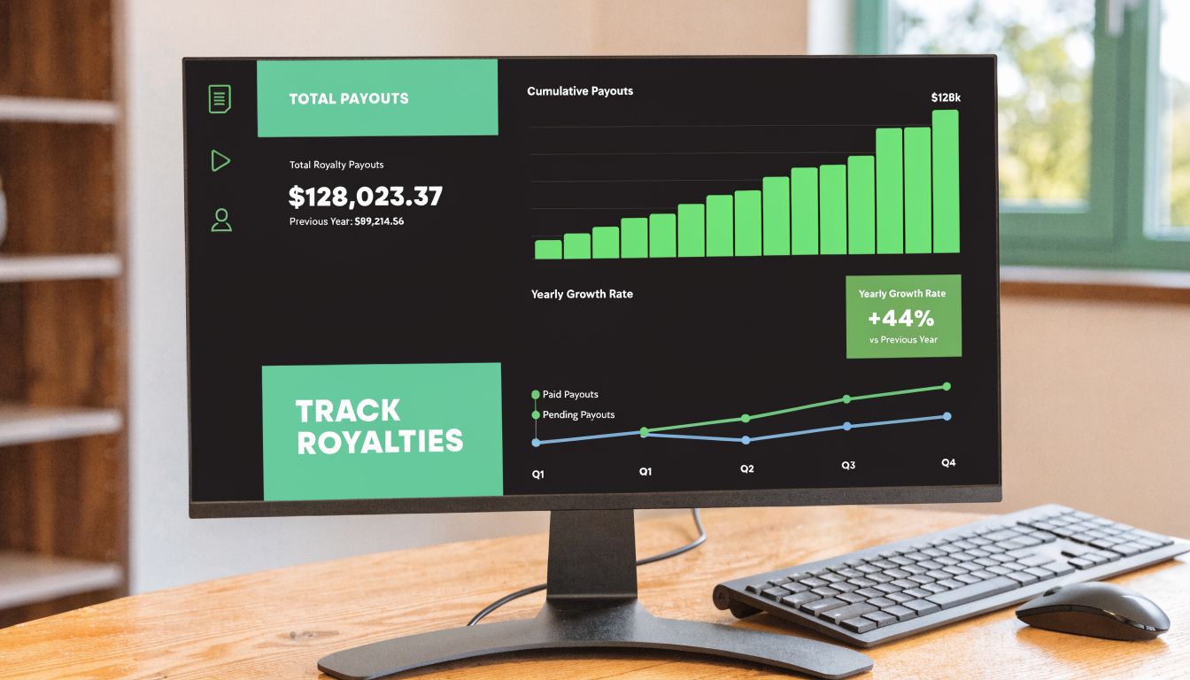 Computer monitor on a desk showing a digital dashboard tracking music royalty payouts and growth metrics.