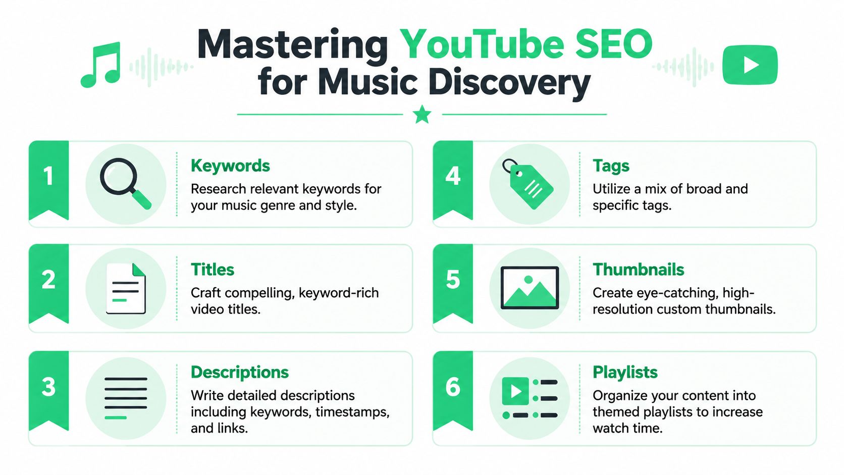 An infographic titled Mastering YouTube SEO for Music Discovery with six numbered tips for musicians.