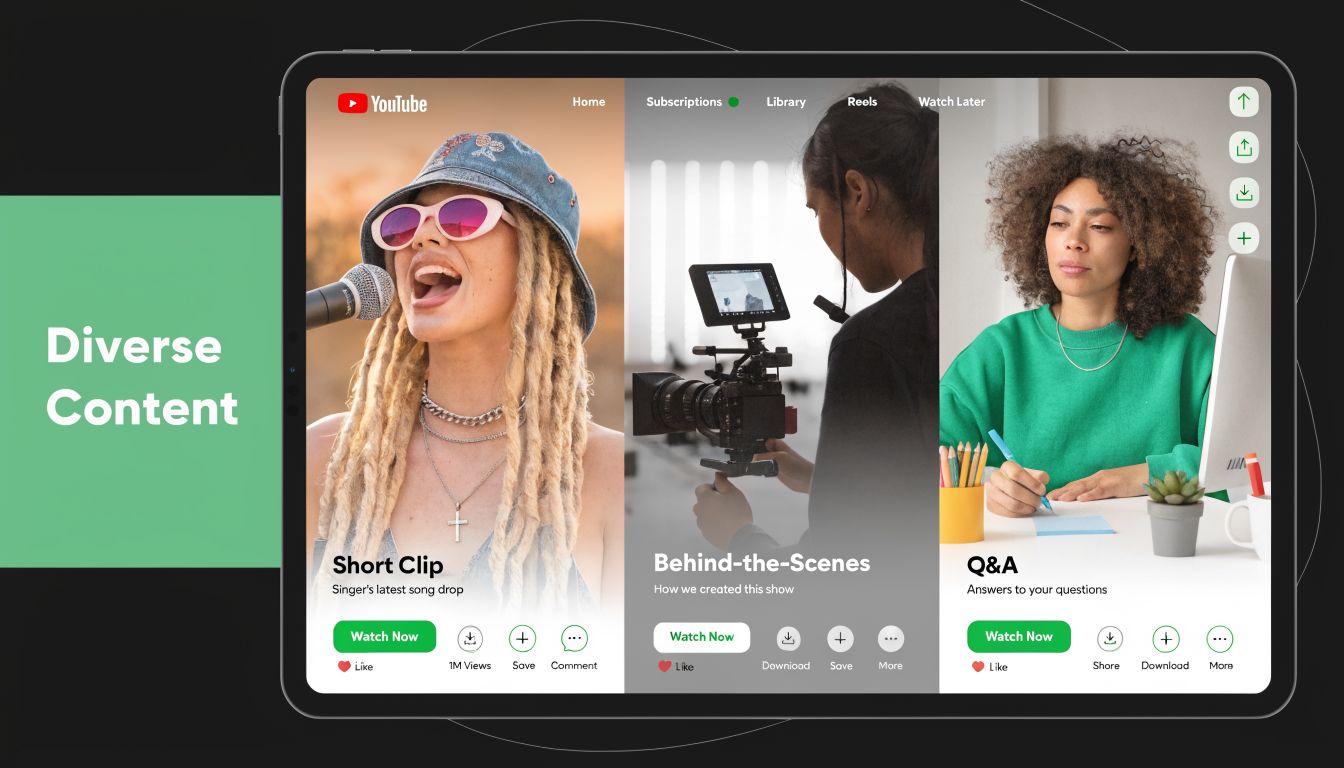 A tablet screen displaying a YouTube interface with three different video content categories for user engagement.
