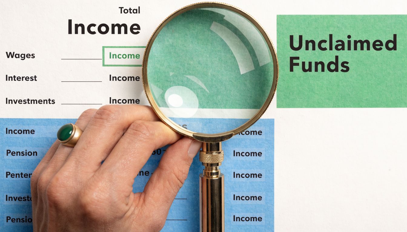 A hand holding a magnifying glass over a document listing various types of financial income sources.