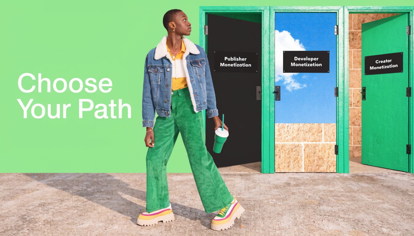 A young person standing in front of three different doors, choosing between publisher, developer, and creator monetization paths.