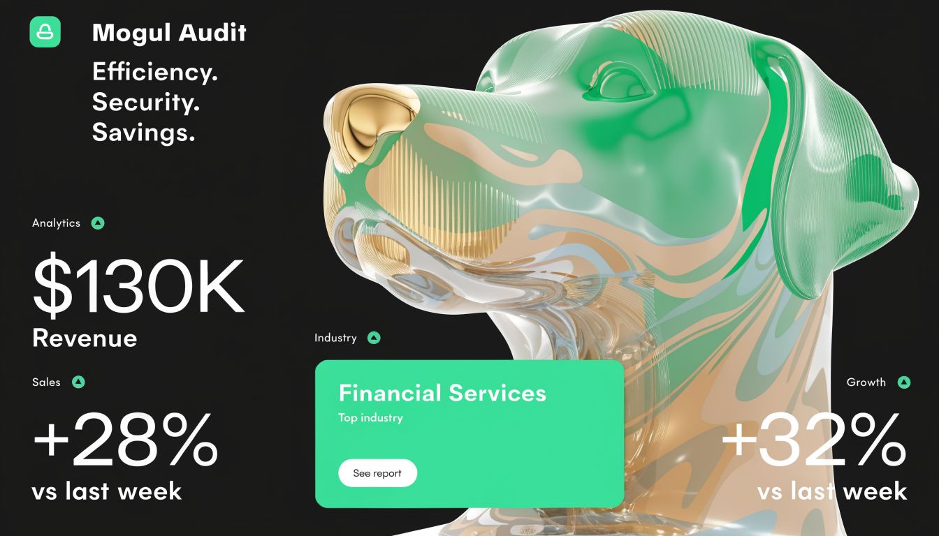 A digital dashboard showing financial analytics for Mogul Audit with revenue, sales growth, and industry sector information.