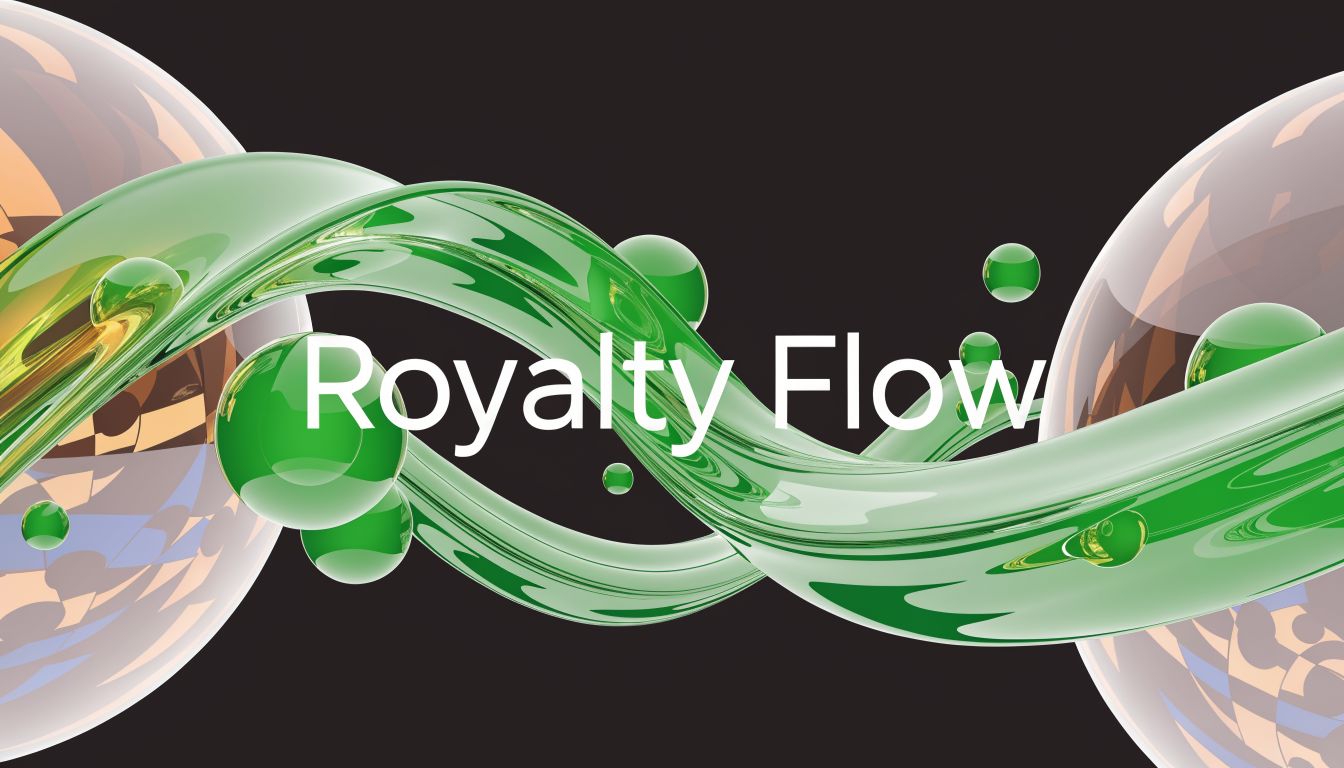 A 3D abstract graphic featuring the text Royalty Flow surrounded by flowing green liquid and spheres.