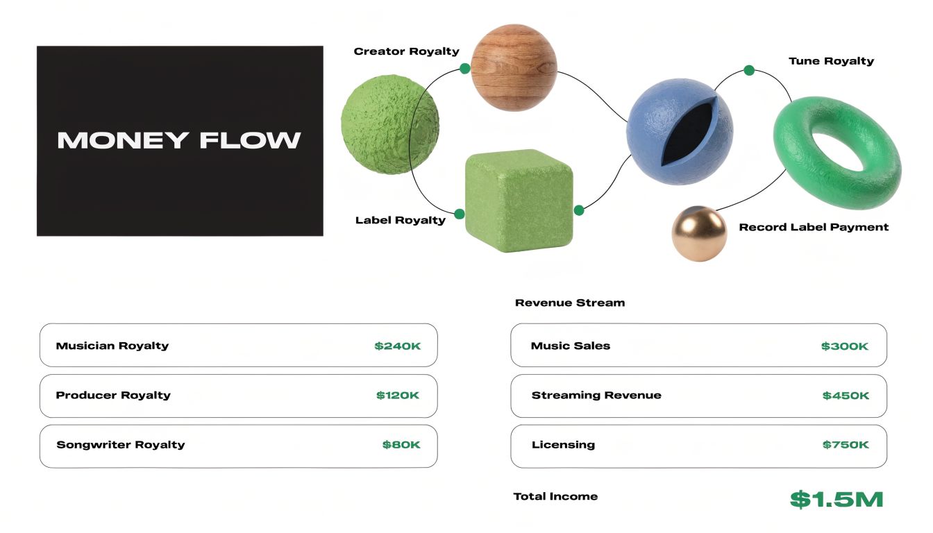 A diagram visualizing money flow in the music industry with royalty breakdowns and total revenue streams displayed.
