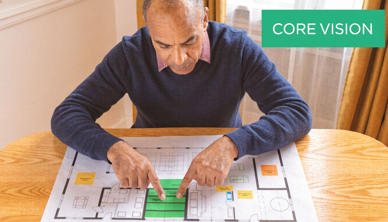 A professional man reviewing architectural blueprints and floor plans on a wooden table at home.