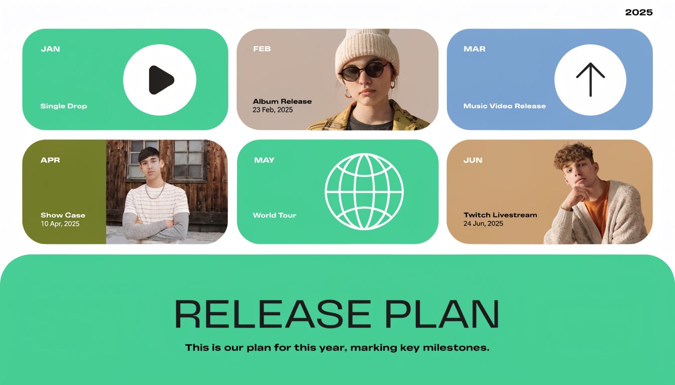 A 2025 release plan graphic for an artist or music label featuring monthly milestones and career events.