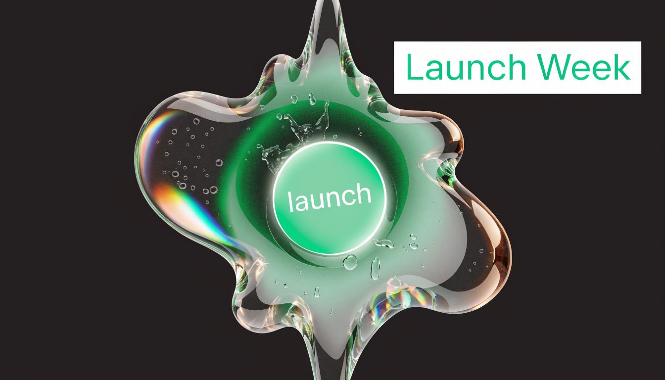 A sleek, modern graphic showing a green launch button encapsulated within an abstract, glossy fluid shape.