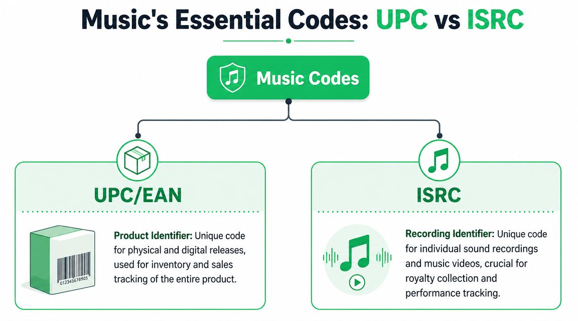A diagram comparing UPC and ISRC codes used as identifiers for music products and individual recordings.