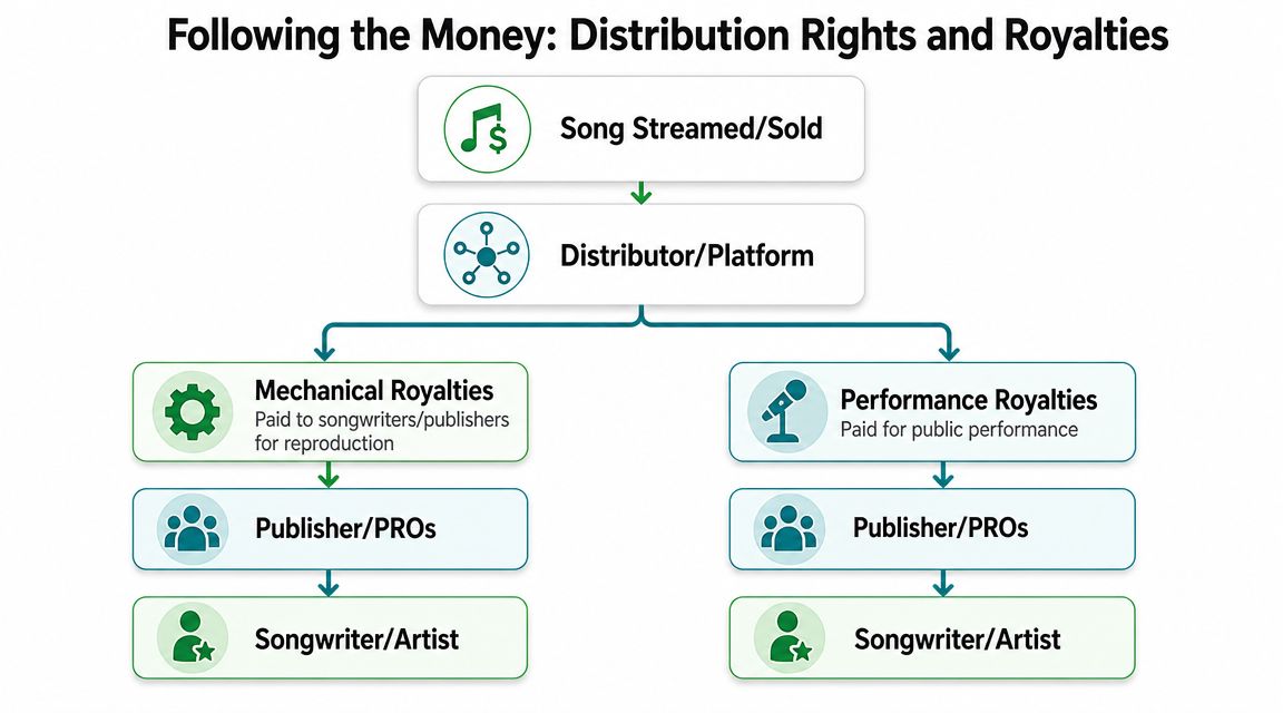 A flowchart explaining how music streaming royalties flow from platforms to songwriters and publishers.