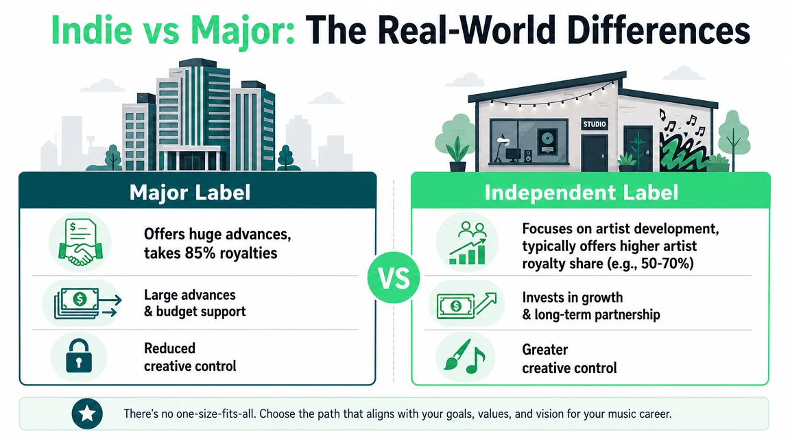 An infographic comparing major music labels and independent record labels based on finances and creative control.
