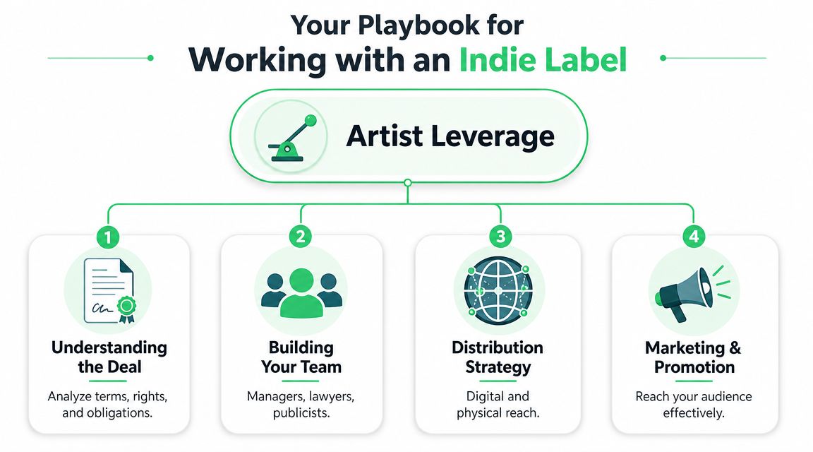 A diagram titled Your Playbook for Working with an Indie Label illustrating four key steps for artist leverage.