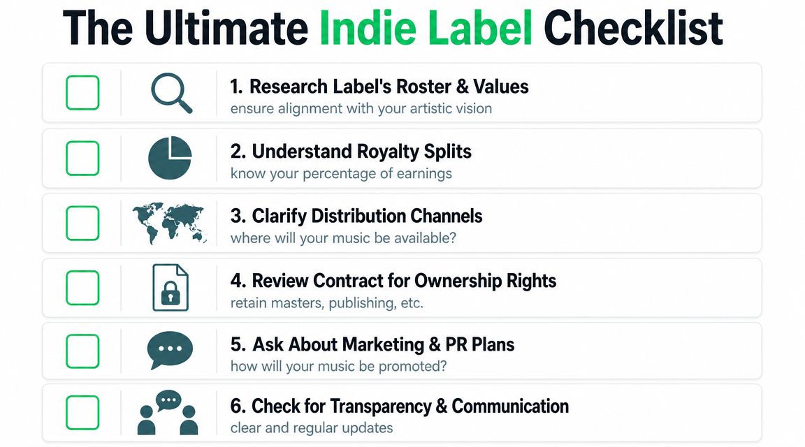 A six-step checklist for artists evaluating independent record labels to ensure fair business and creative alignment.