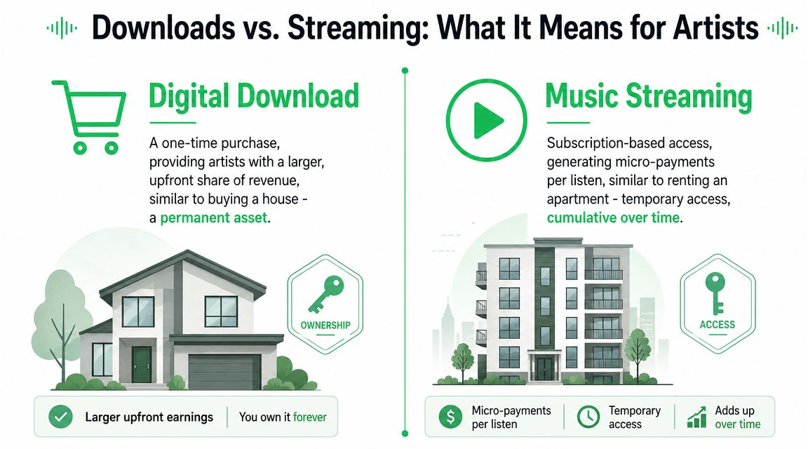 An infographic comparing digital music downloads to music streaming services, highlighting ownership versus temporary access.