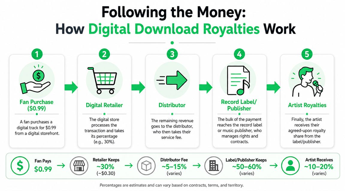 An infographic showing the five steps of digital download royalties distribution from fans to music artists.