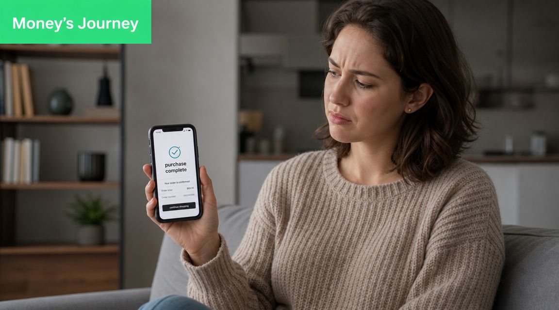 A concerned woman holding a smartphone displaying a successful online purchase confirmation screen while sitting at home.