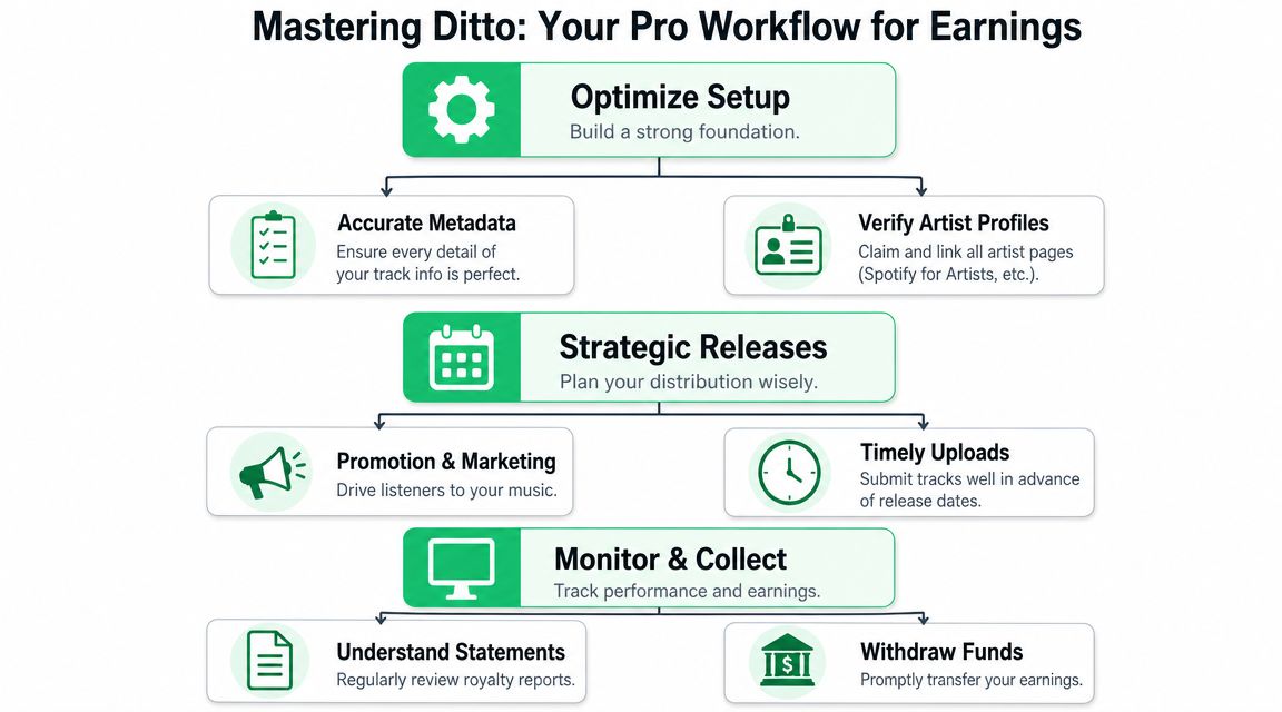 A flowchart titled Mastering Ditto outlining a professional music distribution workflow for earnings and releases.