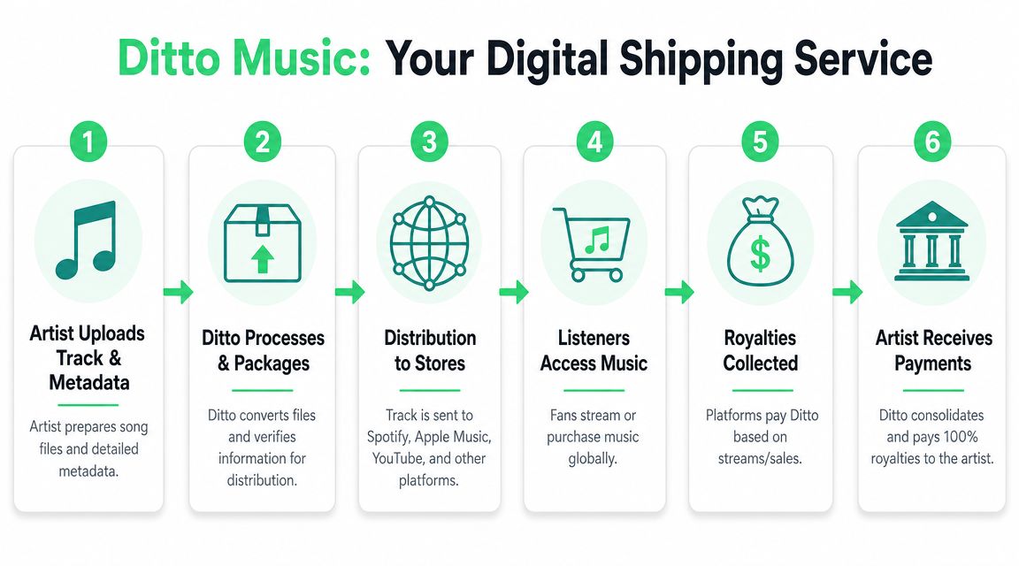 A six-step infographic explaining the music distribution process for artists using the Ditto Music platform service.