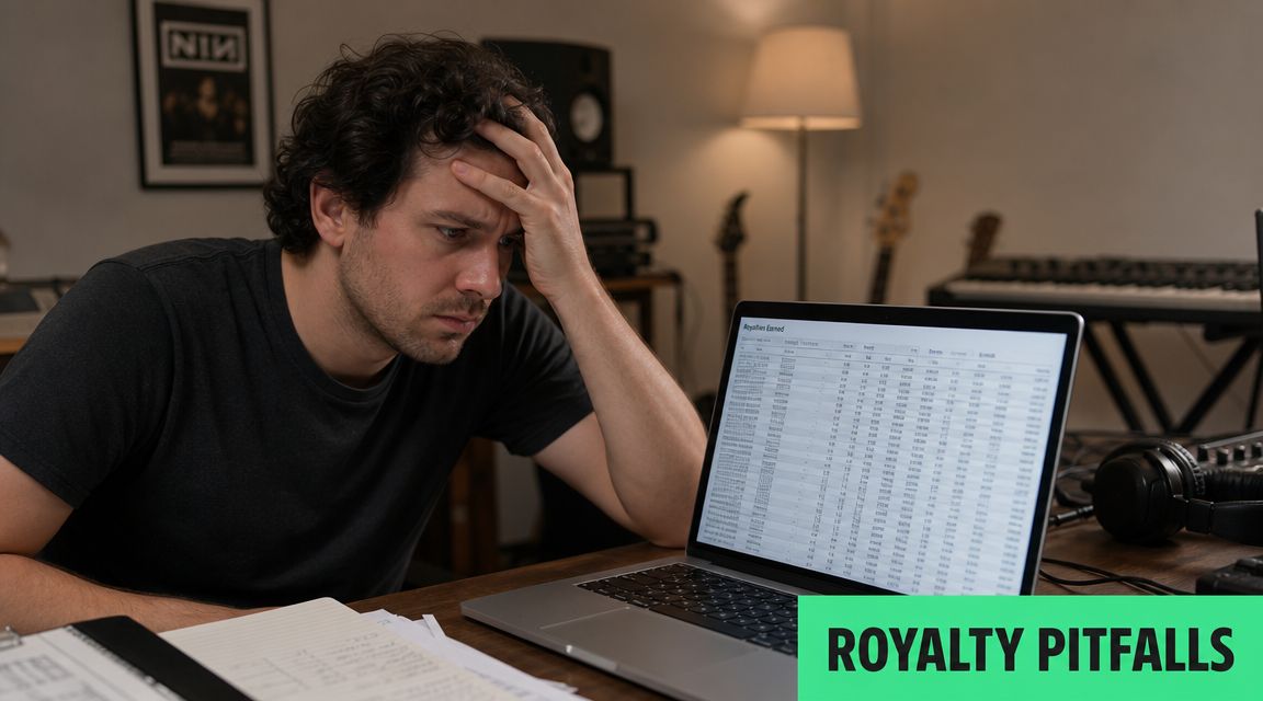 A distressed musician looking at complex royalty spreadsheets on a laptop screen while working at home.
