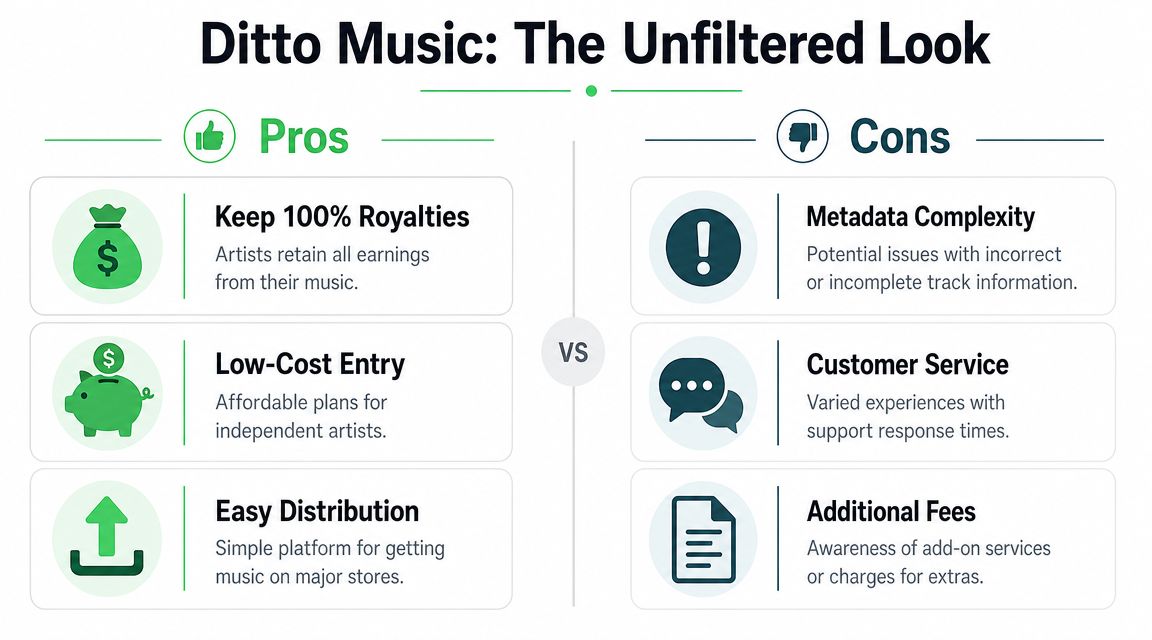 A comparison chart showing the pros and cons of using the Ditto Music distribution service for artists.