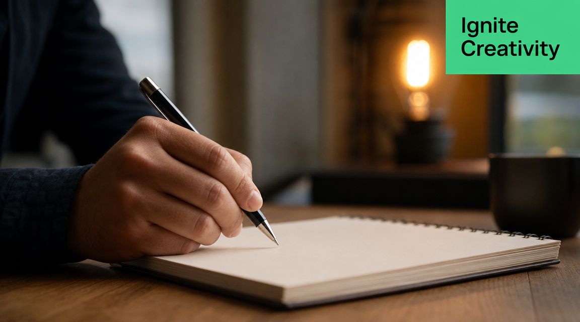 A close-up of a person's hand holding a pen over a blank notebook to express creativity.