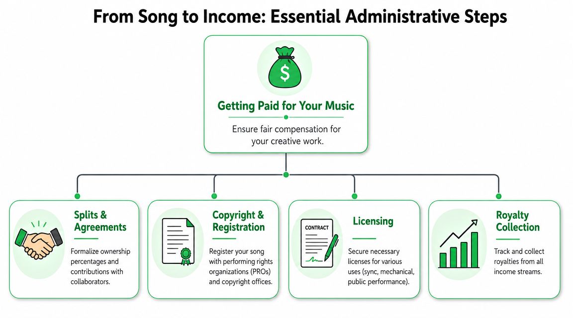 An infographic chart outlining essential administrative steps for musicians to get paid for their original work.