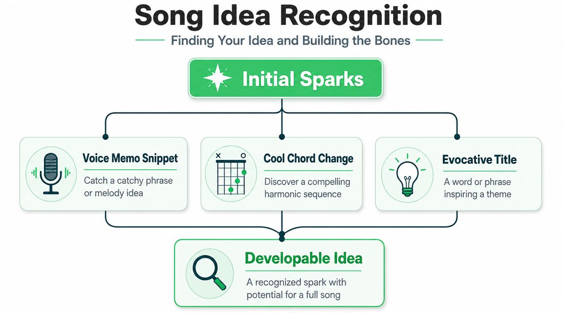 A diagram outlining the songwriting process, from capturing initial creative sparks to developing a full song idea.