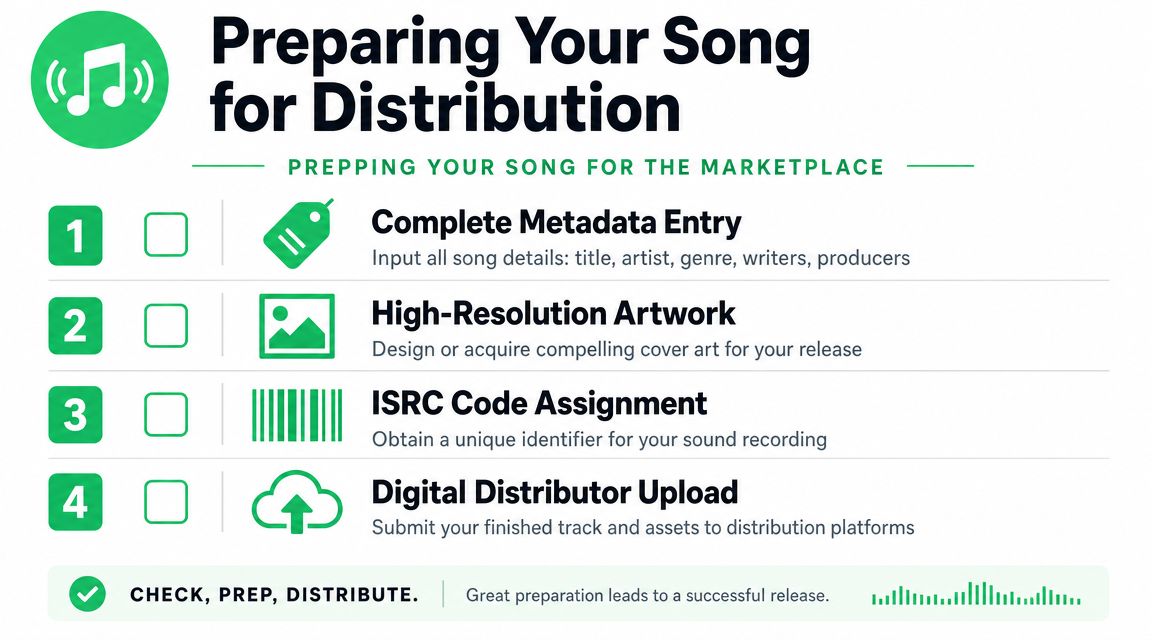 A checklist infographic titled Preparing Your Song for Distribution, highlighting four essential steps for musicians releasing music.