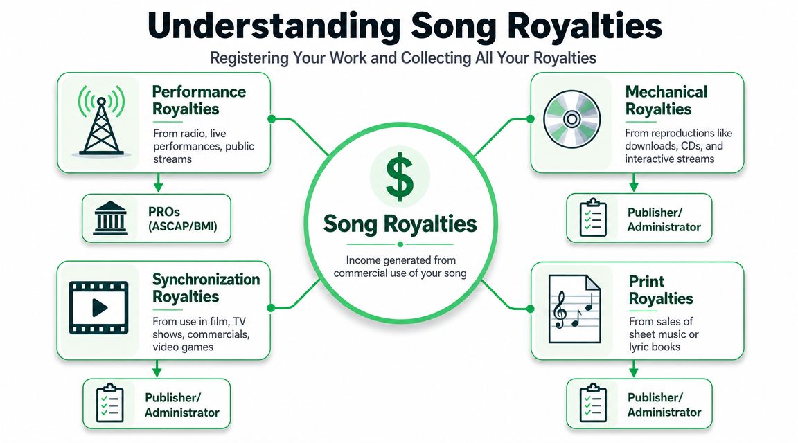 A diagram illustrating the four main types of song royalties including performance, mechanical, synchronization, and print royalties.
