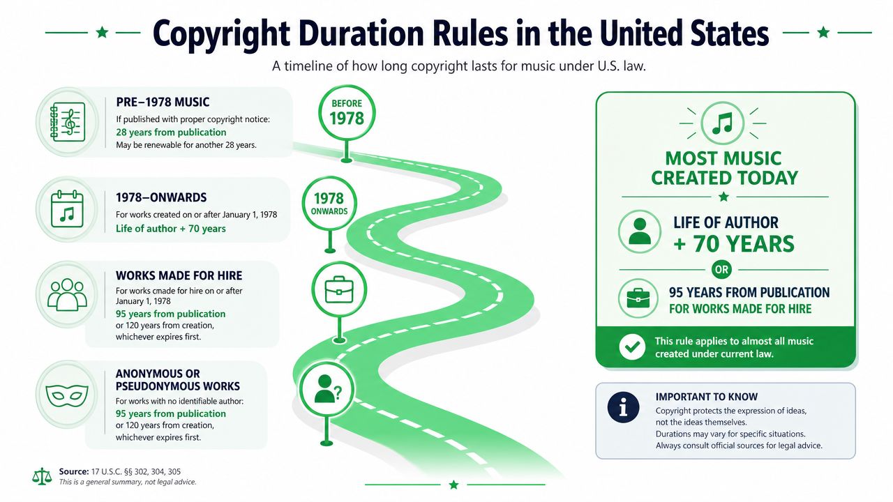 An infographic showing copyright duration rules for music in the United States based on creation date.