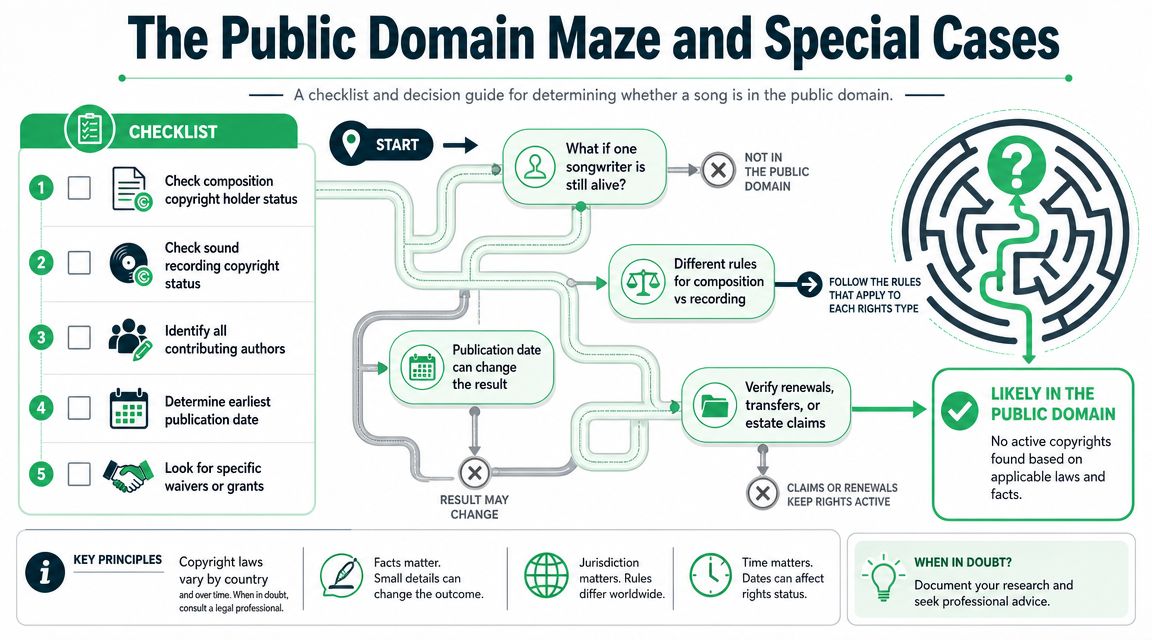 A flowchart infographic guiding users through the decision-making process to determine if a song is public domain.