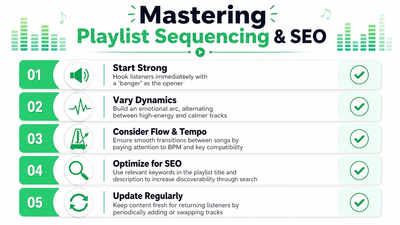 An infographic titled Mastering Playlist Sequencing and SEO featuring five tips for effective music playlist curation.