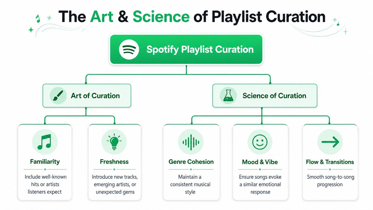 A diagram illustrating the art and science of Spotify playlist curation with key elements like familiarity and flow.