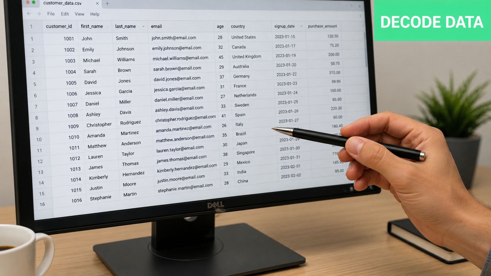 A person pointing with a pen at a spreadsheet containing customer data on a computer monitor.
