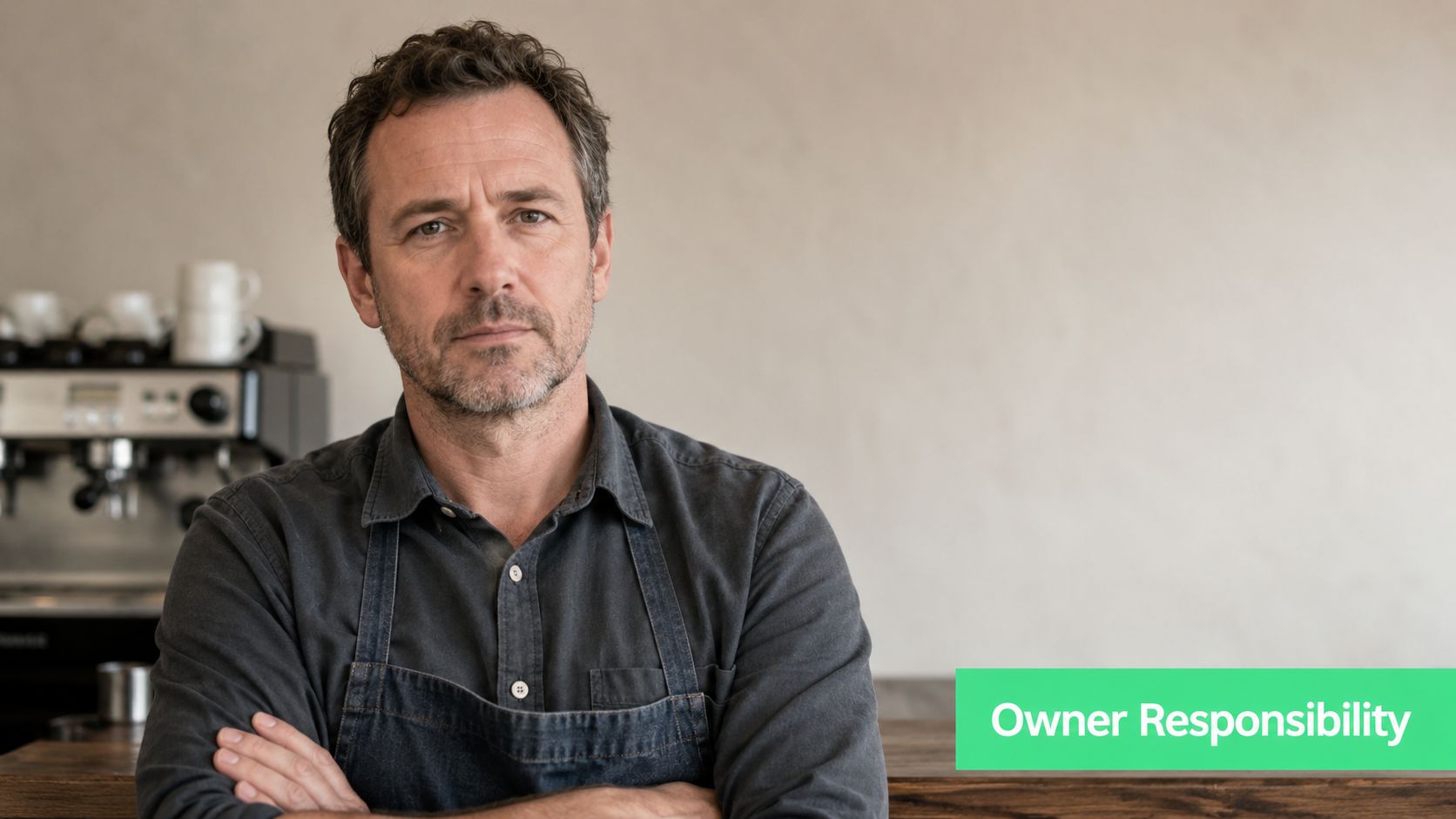 A serious-looking cafe owner in a dark apron stands with arms crossed in front of a coffee machine.