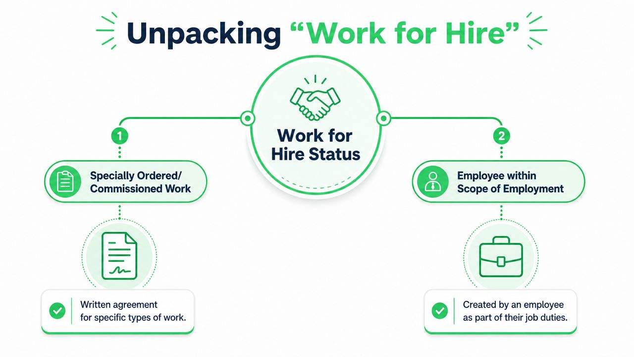 A diagram explaining two criteria for work for hire status: commissioned work agreements and employee job duties.