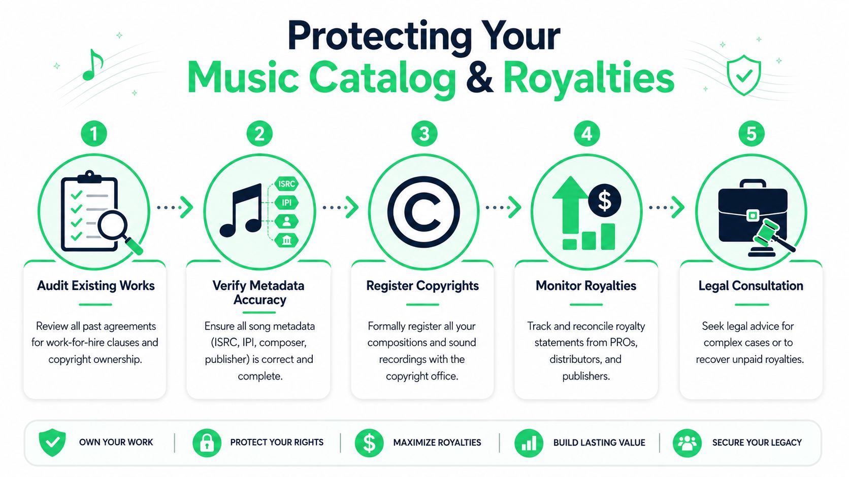 An infographic illustrating five essential steps to protect your music catalog and earn royalties effectively.