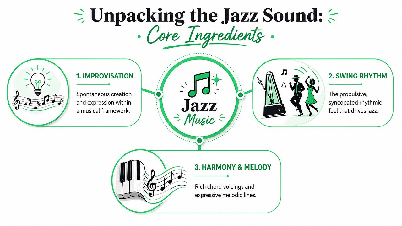 An infographic titled Unpacking the Jazz Sound highlighting improvisation, swing rhythm, and harmony and melody as core ingredients.