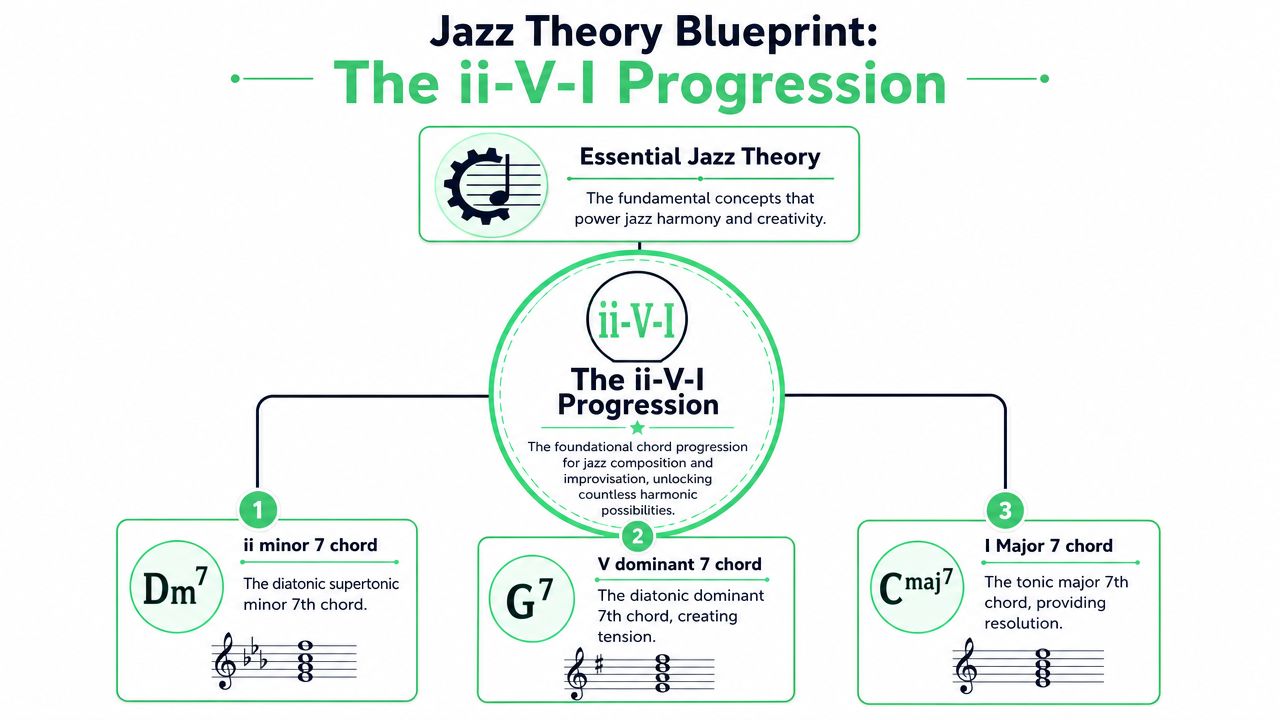 A diagram explaining the jazz theory ii-V-I chord progression with musical notation and chord descriptions.