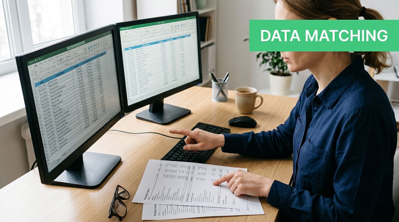A professional accountant performs data matching between physical documents and spreadsheets on two computer monitors.