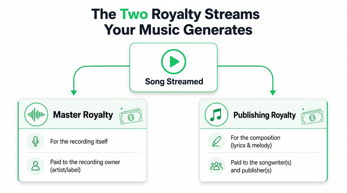 A diagram explaining the two royalty streams generated by a song: master royalties and publishing royalties.