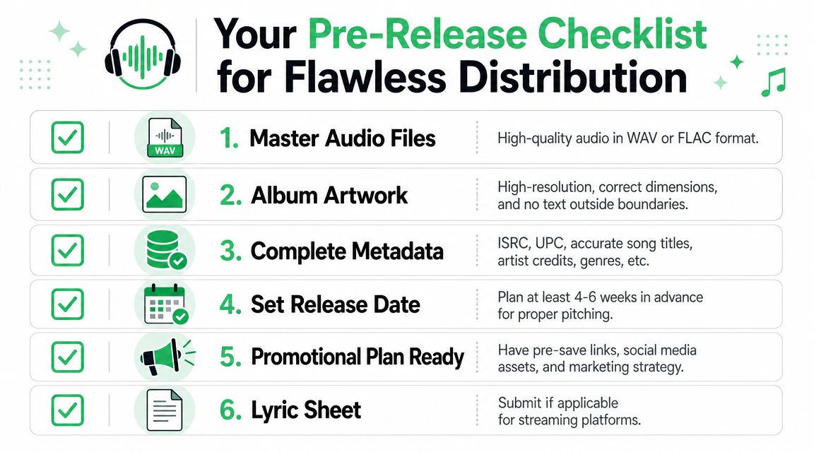 A checklist for music distribution detailing six essential preparation steps for independent artists and musicians.
