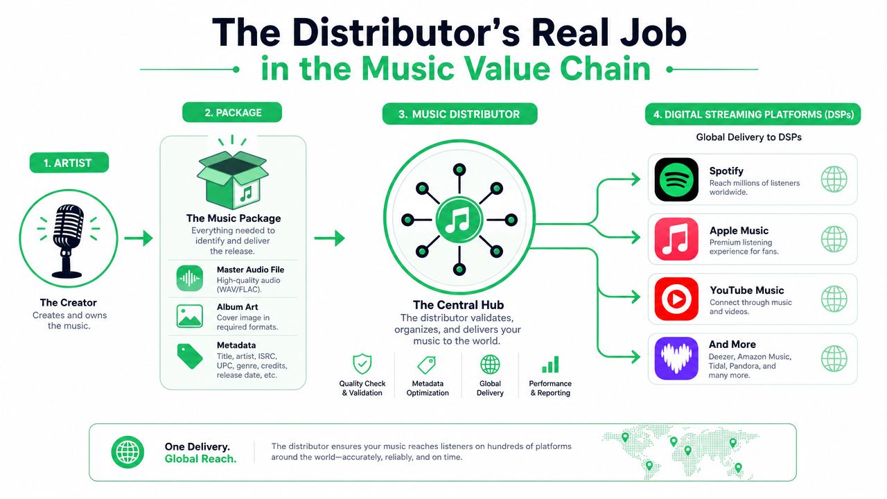 A diagram explaining the music distribution value chain from artist creation to digital streaming platforms and global reach.