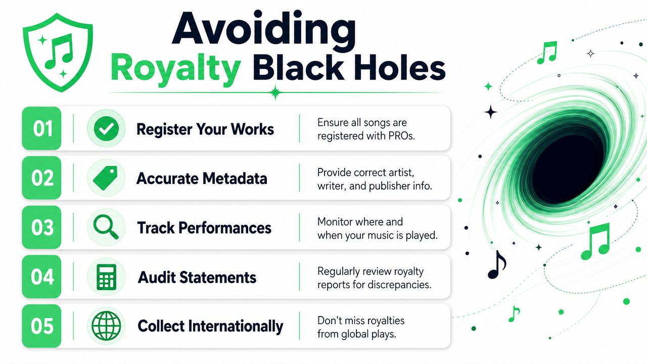 An infographic titled Avoiding Royalty Black Holes listing five essential steps for musicians to track music royalties.