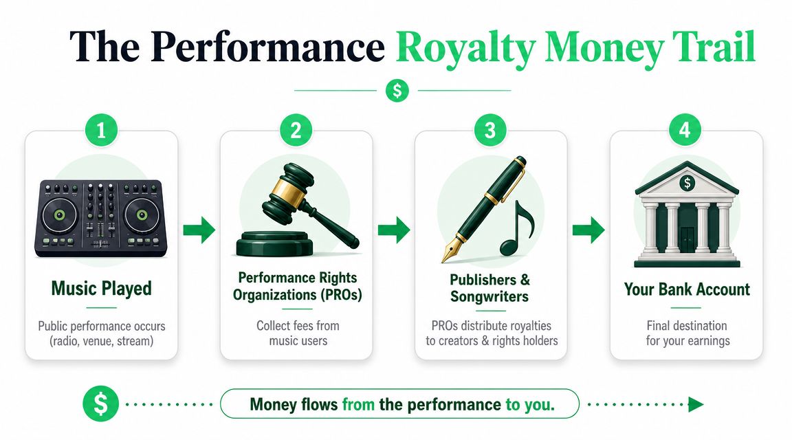 A four-step infographic illustrating the performance royalty money trail for musicians from performance to bank account.