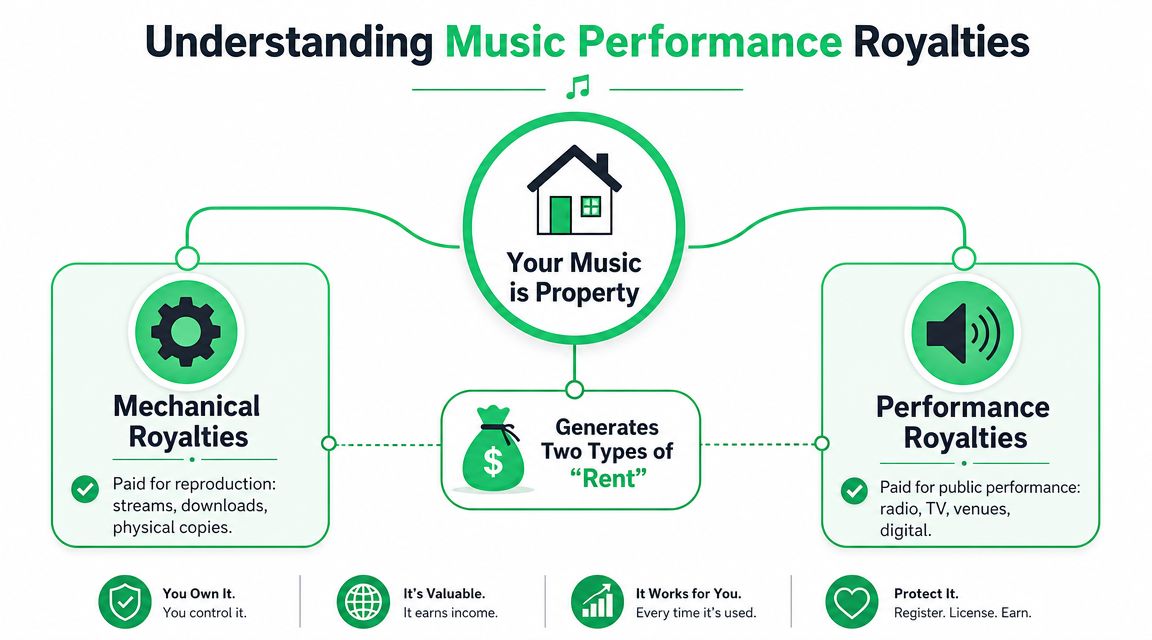 An infographic explaining how music performance royalties work as property generating rent through mechanical and performance income.